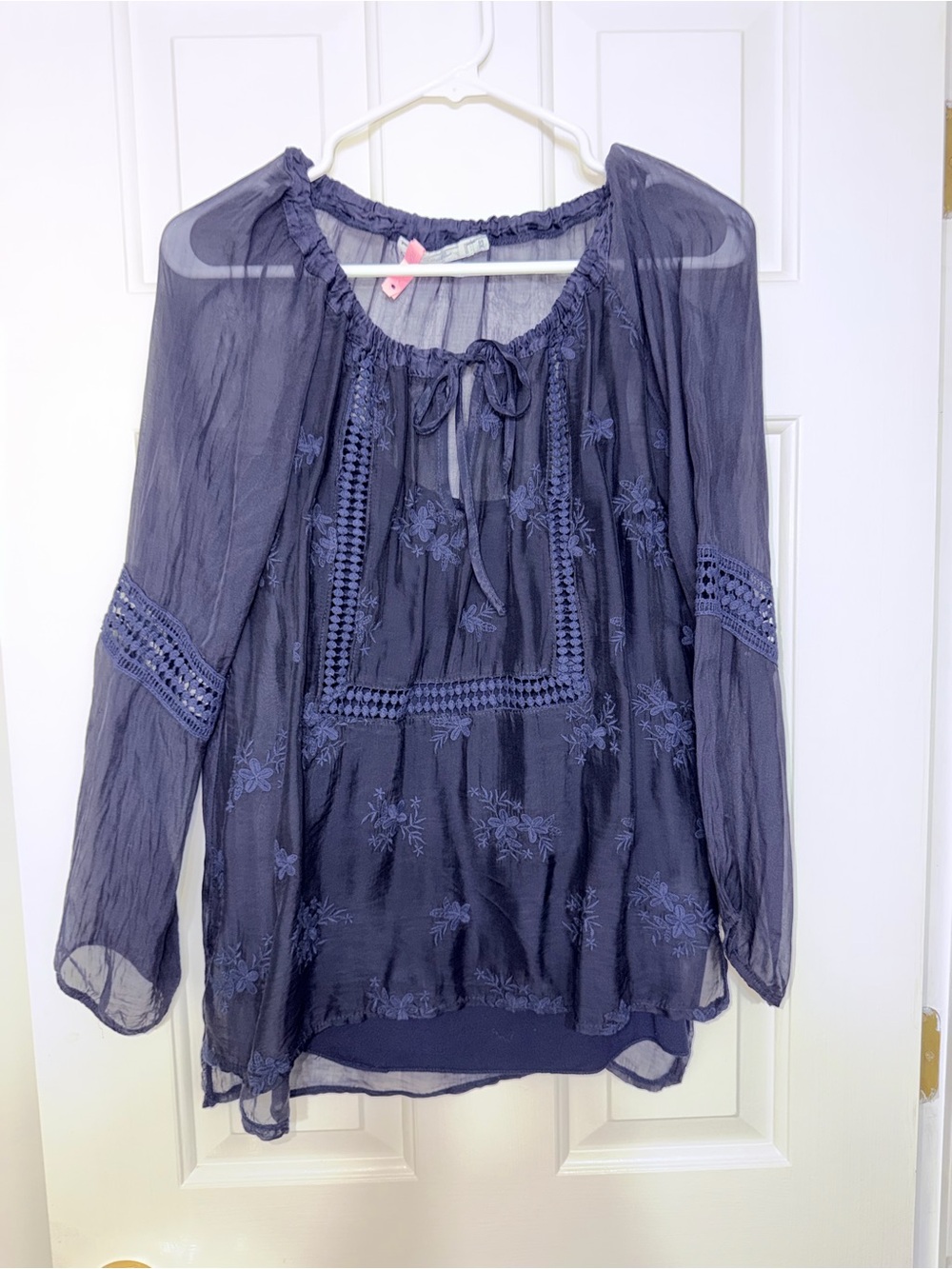 Nicole Sheer Navy Silk Embroidered Blouse